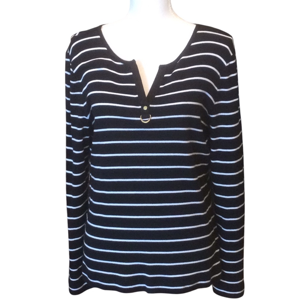 Lauren Ralph Lauren Black & White Striped Long Sleeved Pullover Top Size Large